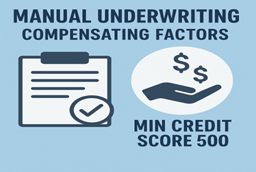 Manual underwriting mortgage illustration with clipboard, checkmark, hand holding dollar signs, and text 'Min Credit Score 500